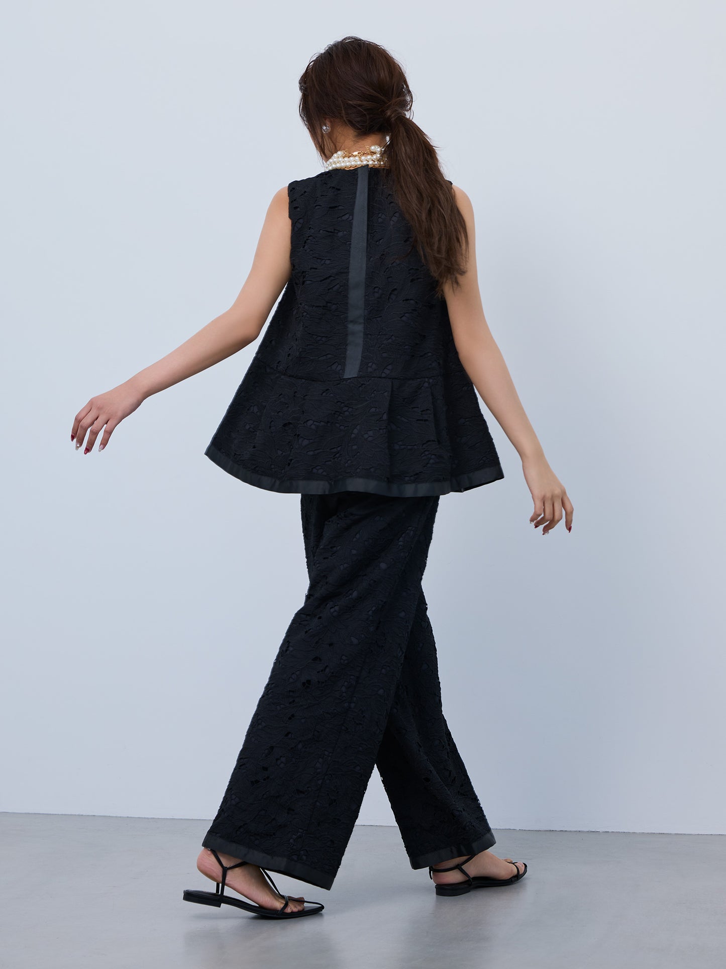 layered lace tuck pants