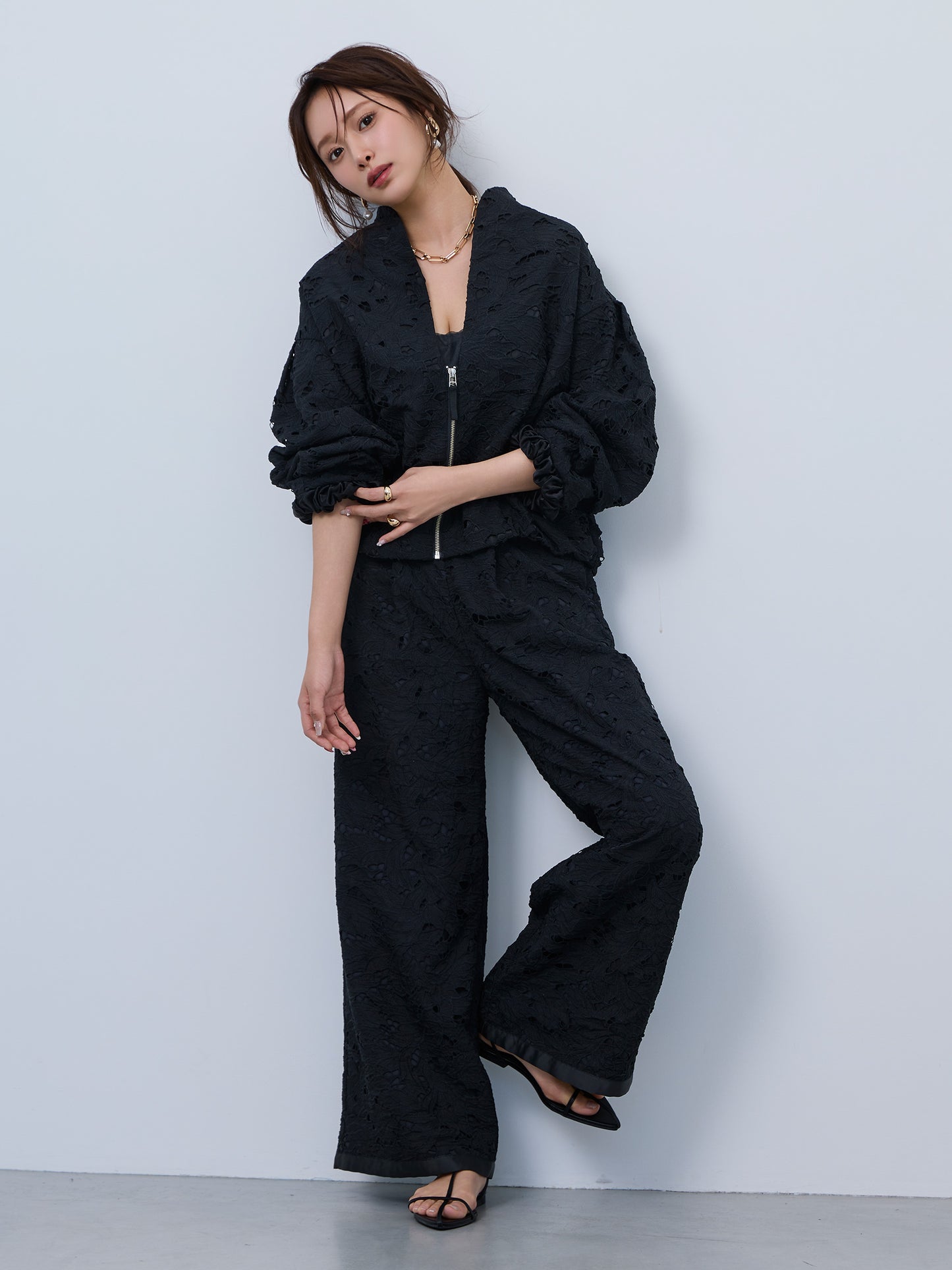 layered lace tuck pants