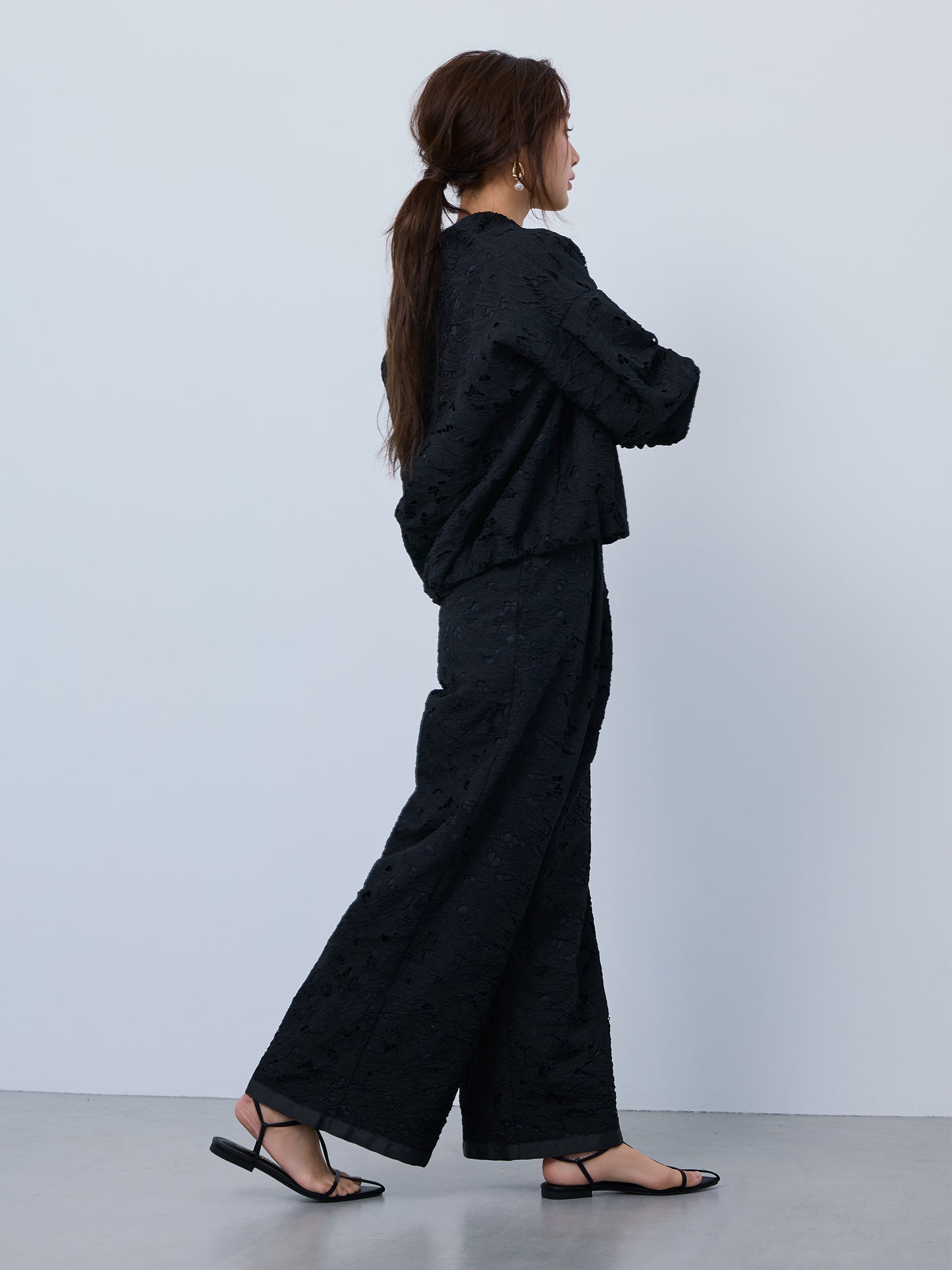 layered lace tuck pants