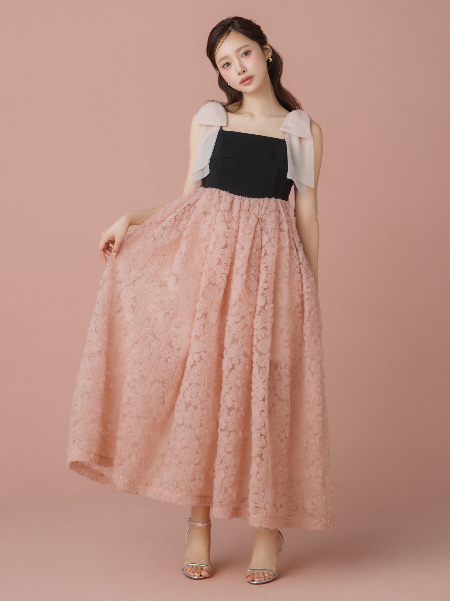 Contrast Lace Ribbon Strap Dress