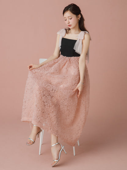 Contrast Lace Ribbon Strap Dress