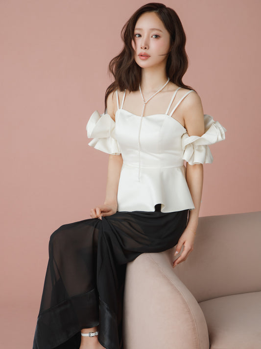 Satin Peplum Top & Sheer Wide Pants Set