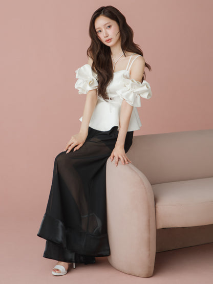 Satin Peplum Top & Sheer Wide Pants Set