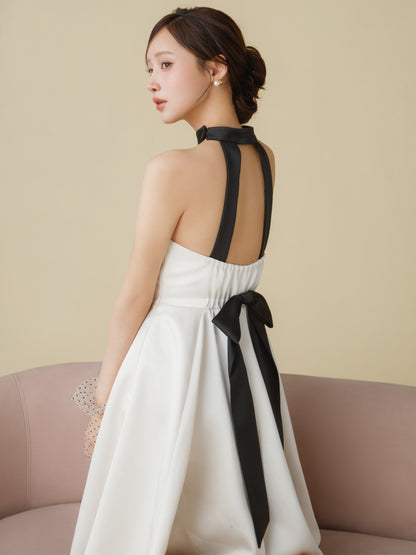 Satin Halter Ribbon Flare Dress
