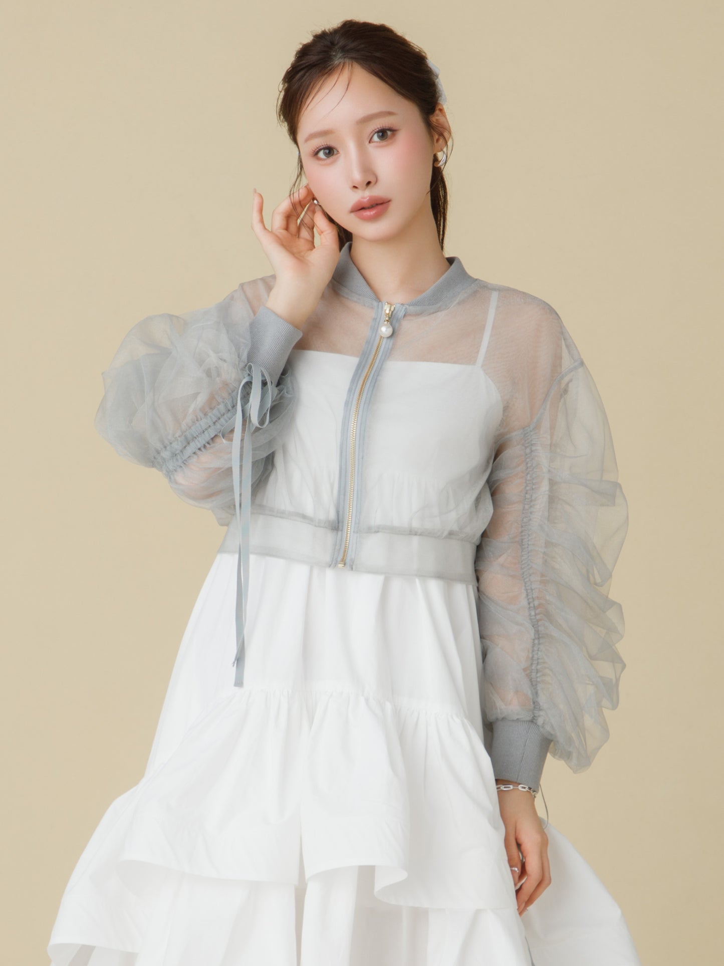 Sheer Tulle Drawstring Sleeve Blouson