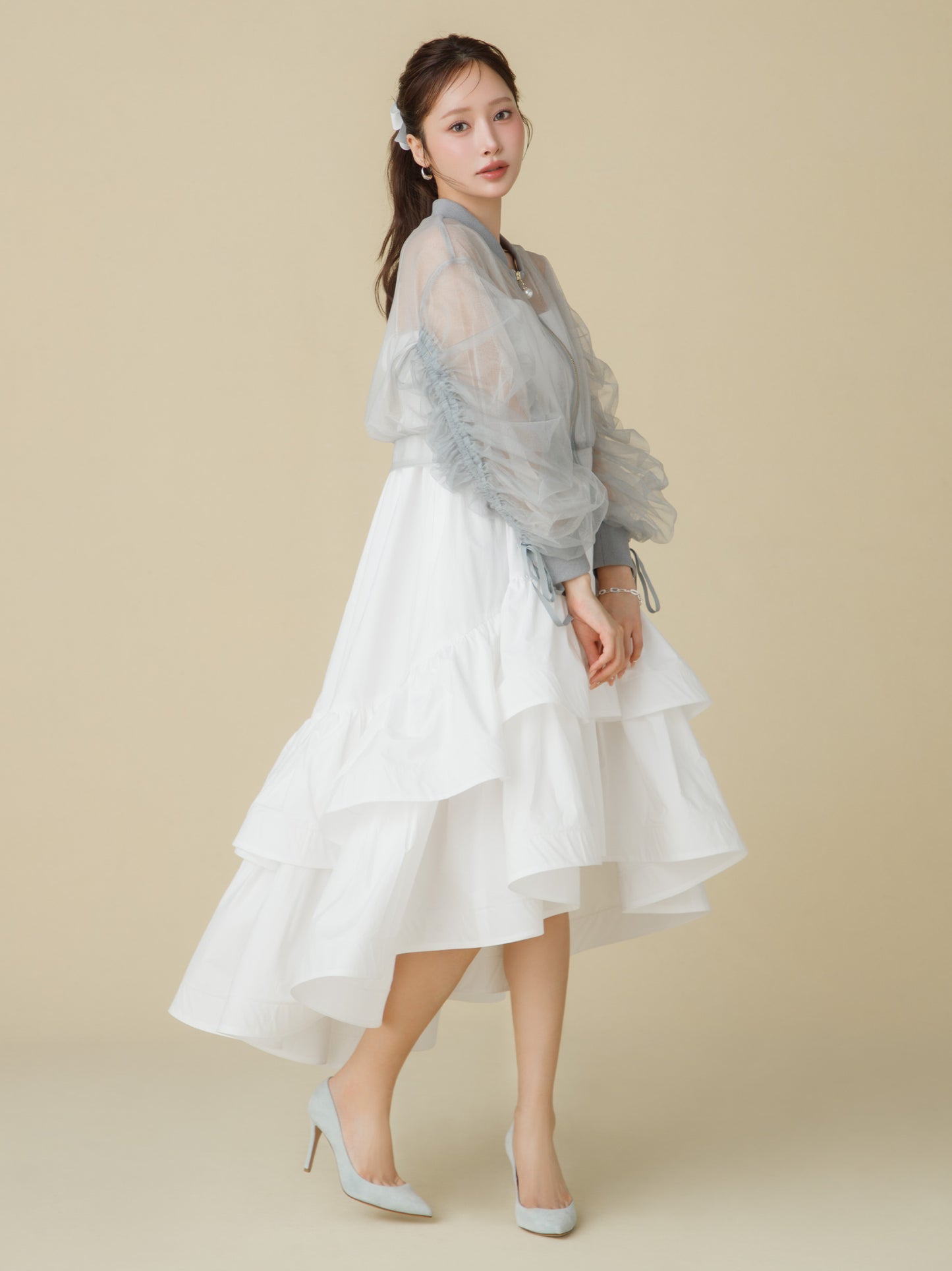 Sheer Tulle Drawstring Sleeve Blouson