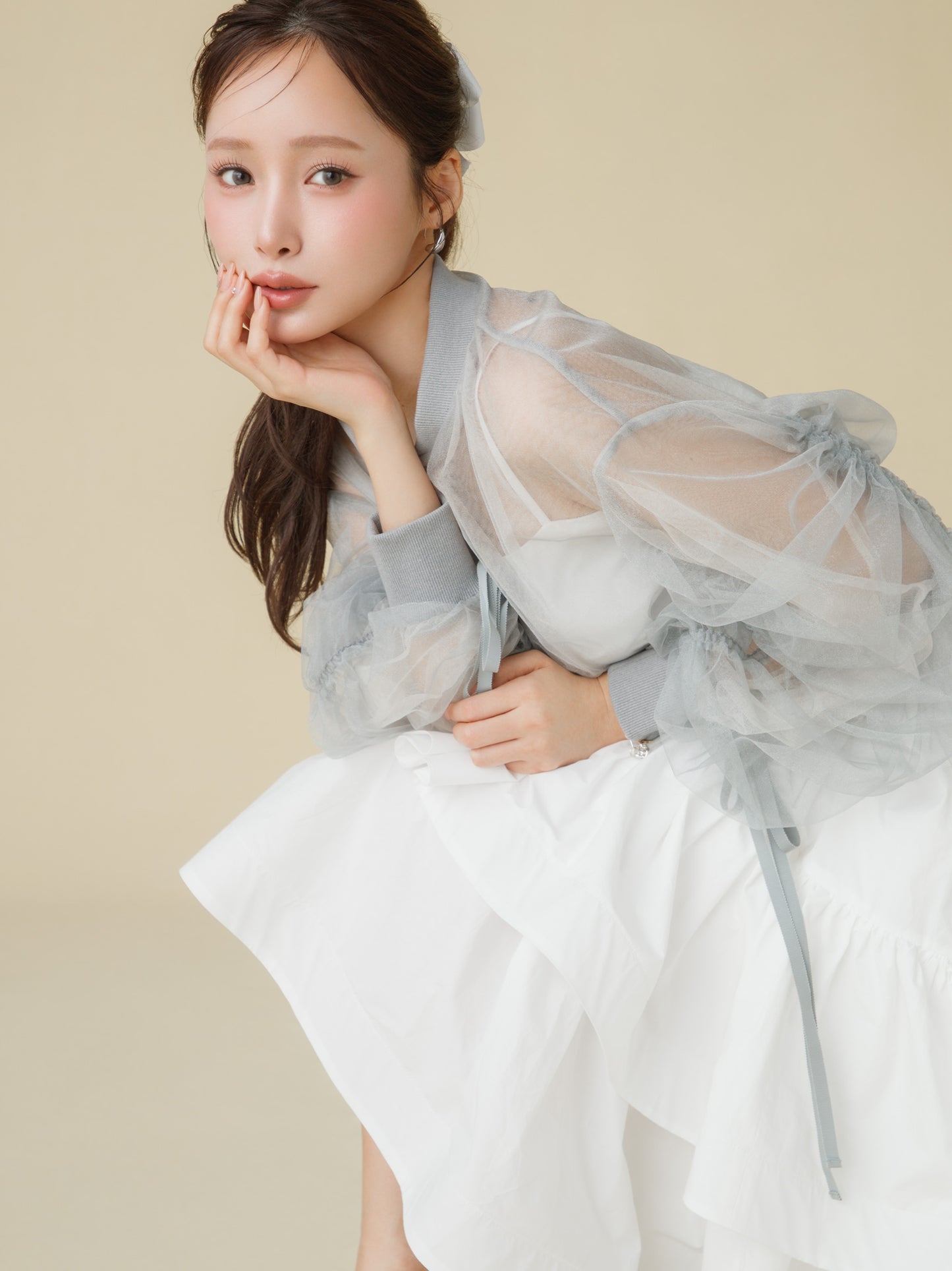 Sheer Tulle Drawstring Sleeve Blouson