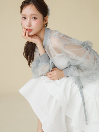 Sheer Tulle Drawstring Sleeve Blouson