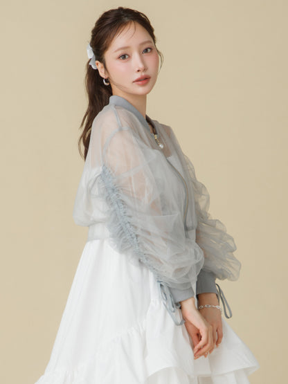 Sheer Tulle Drawstring Sleeve Blouson