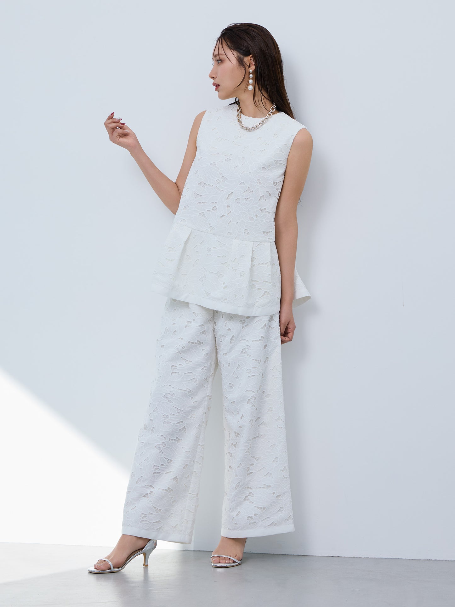 layered lace tuck pants