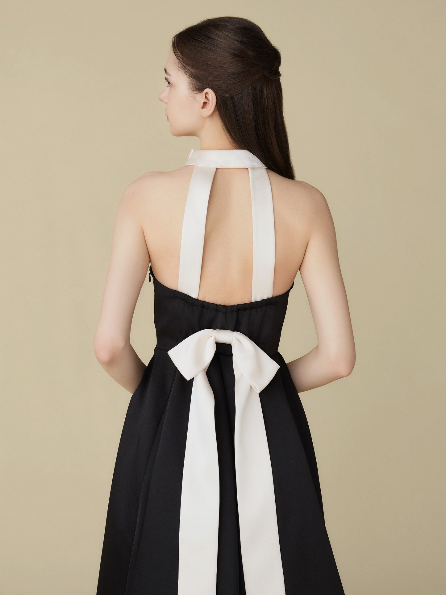 Satin Halter Ribbon Flare Dress