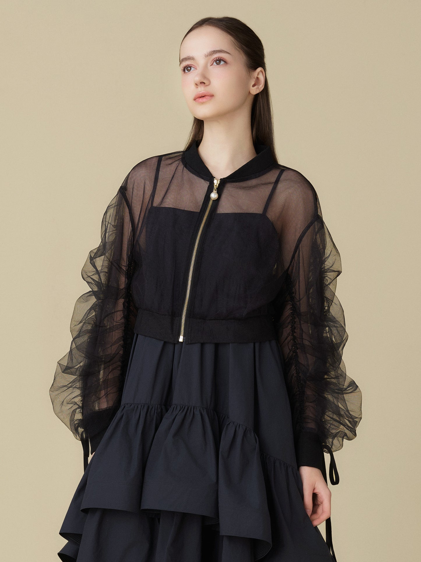 Sheer Tulle Drawstring Sleeve Blouson