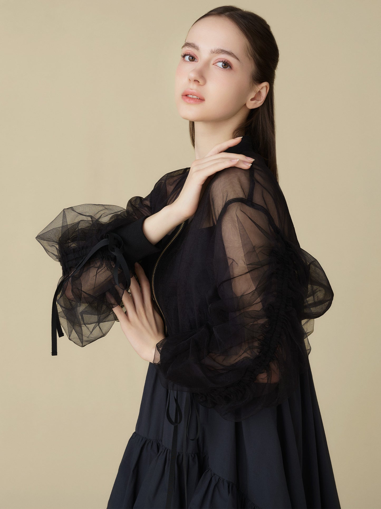 Sheer Tulle Drawstring Sleeve Blouson