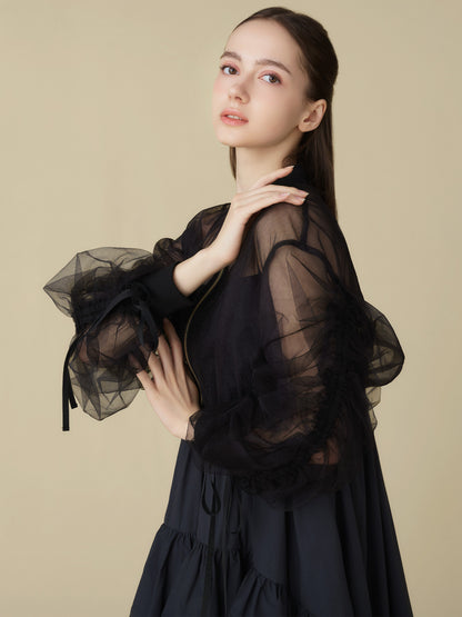 Sheer Tulle Drawstring Sleeve Blouson