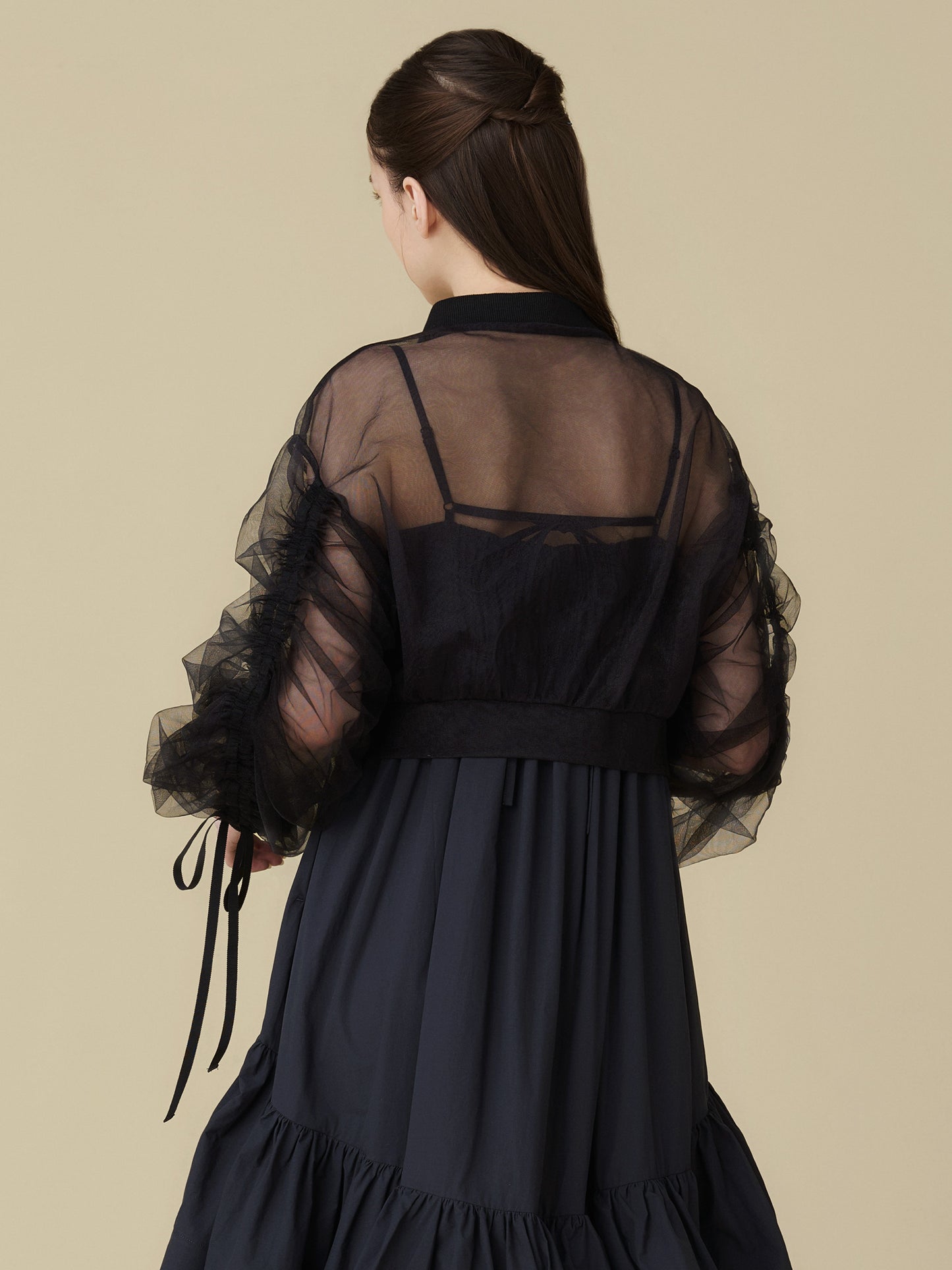 Sheer Tulle Drawstring Sleeve Blouson