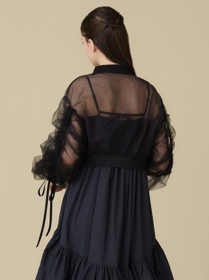 Sheer Tulle Drawstring Sleeve Blouson