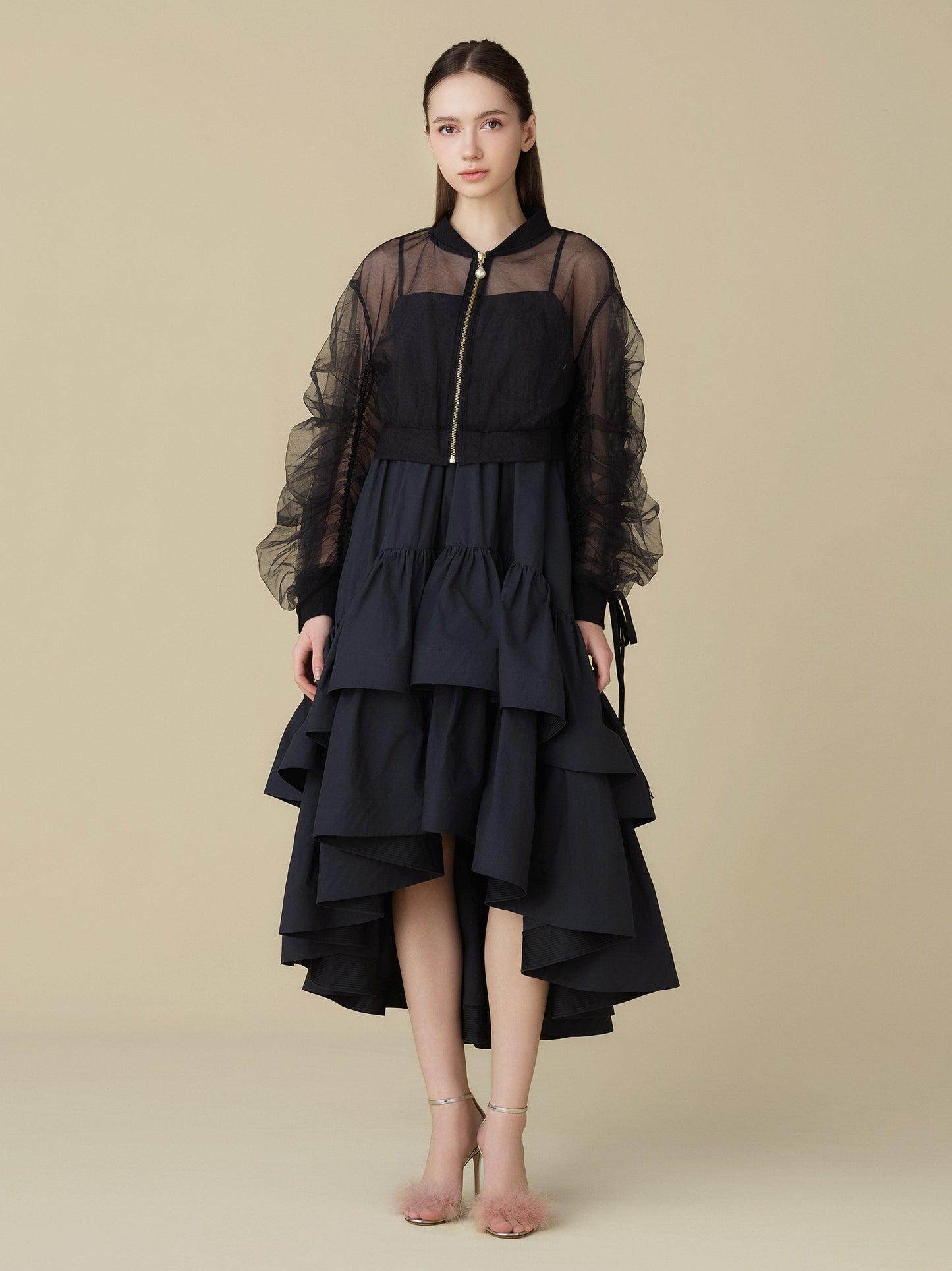 Sheer Tulle Drawstring Sleeve Blouson