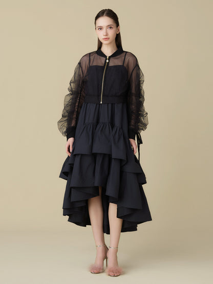 Sheer Tulle Drawstring Sleeve Blouson