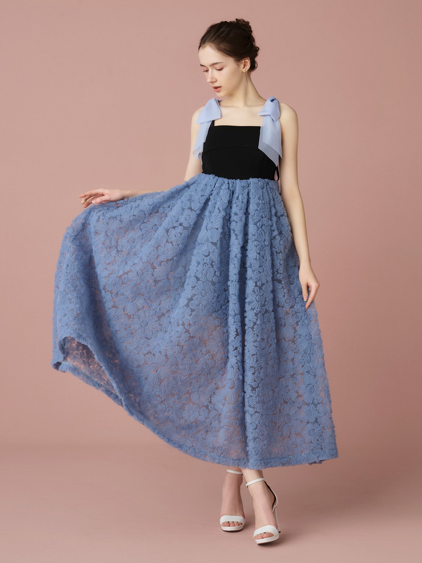 Contrast Lace Ribbon Strap Dress