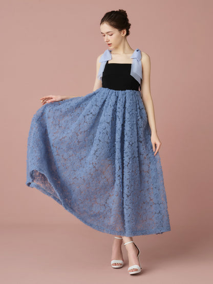 Contrast Lace Ribbon Strap Dress