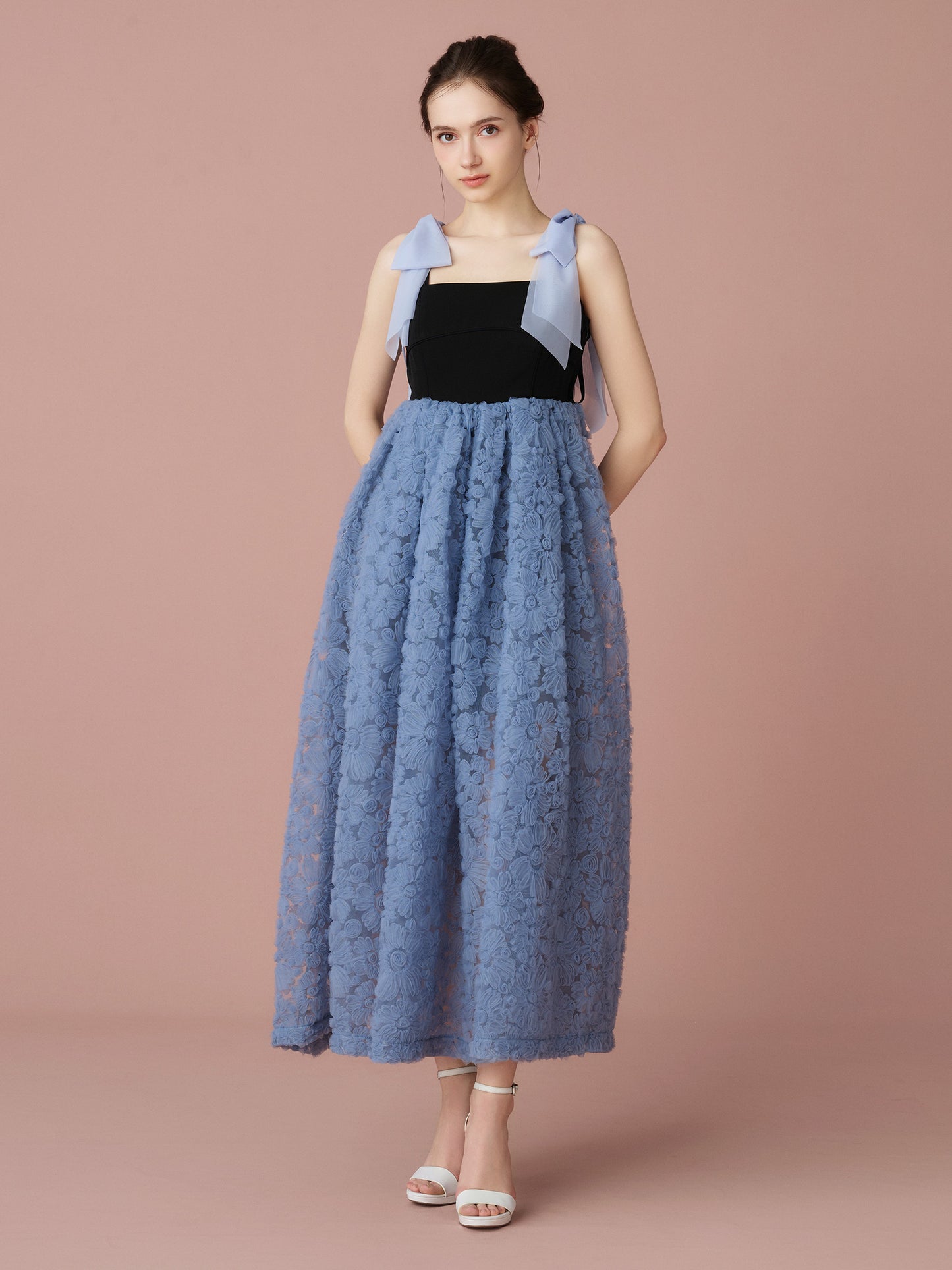 Contrast Lace Ribbon Strap Dress