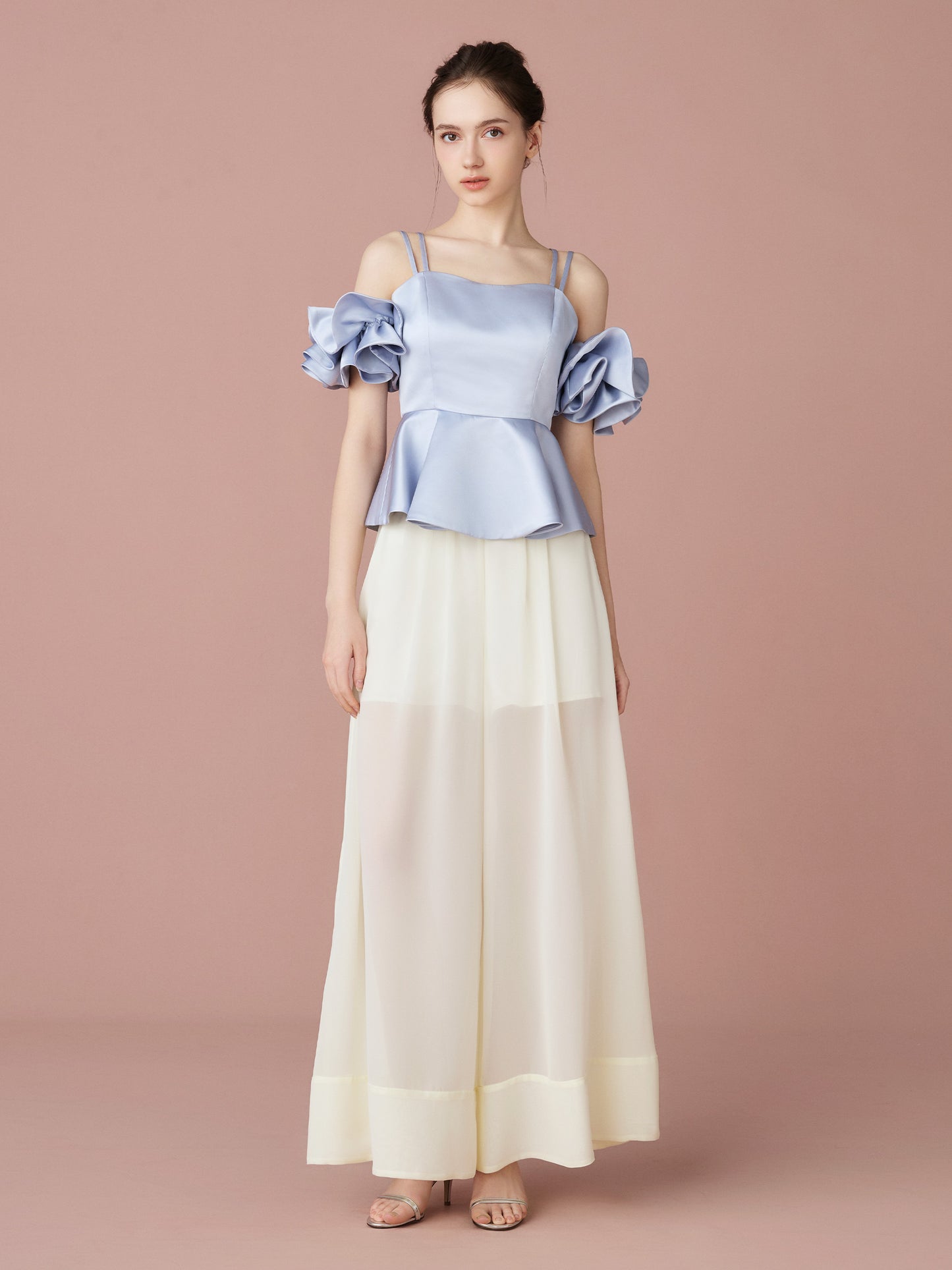 Satin Peplum Top & Sheer Wide Pants Set