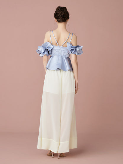 Satin Peplum Top & Sheer Wide Pants Set