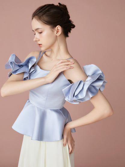 Satin Peplum Top & Sheer Wide Pants Set