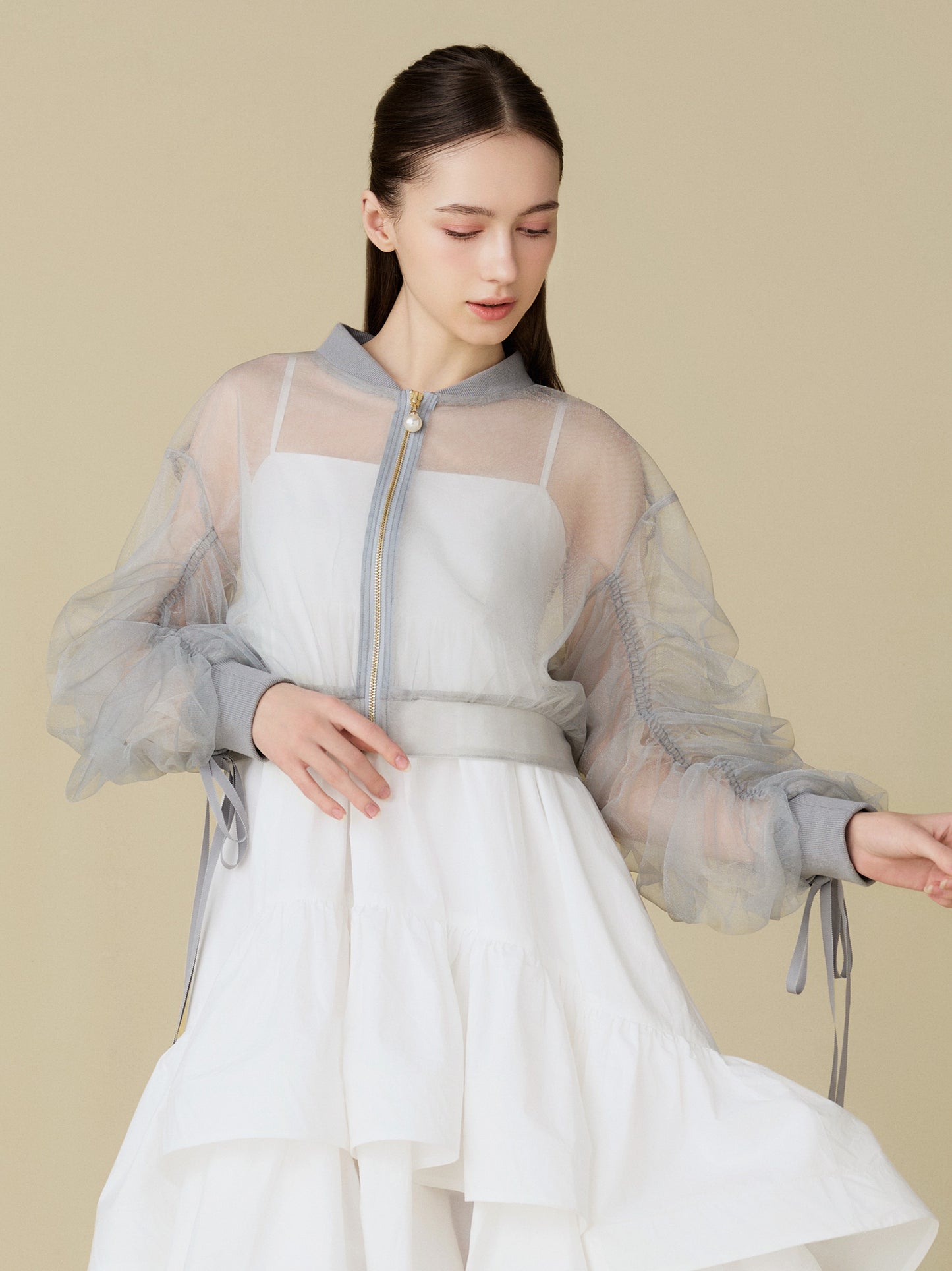 Sheer Tulle Drawstring Sleeve Blouson