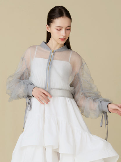 Sheer Tulle Drawstring Sleeve Blouson