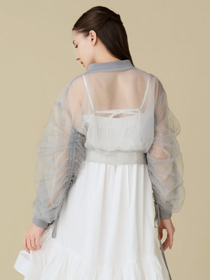 Sheer Tulle Drawstring Sleeve Blouson