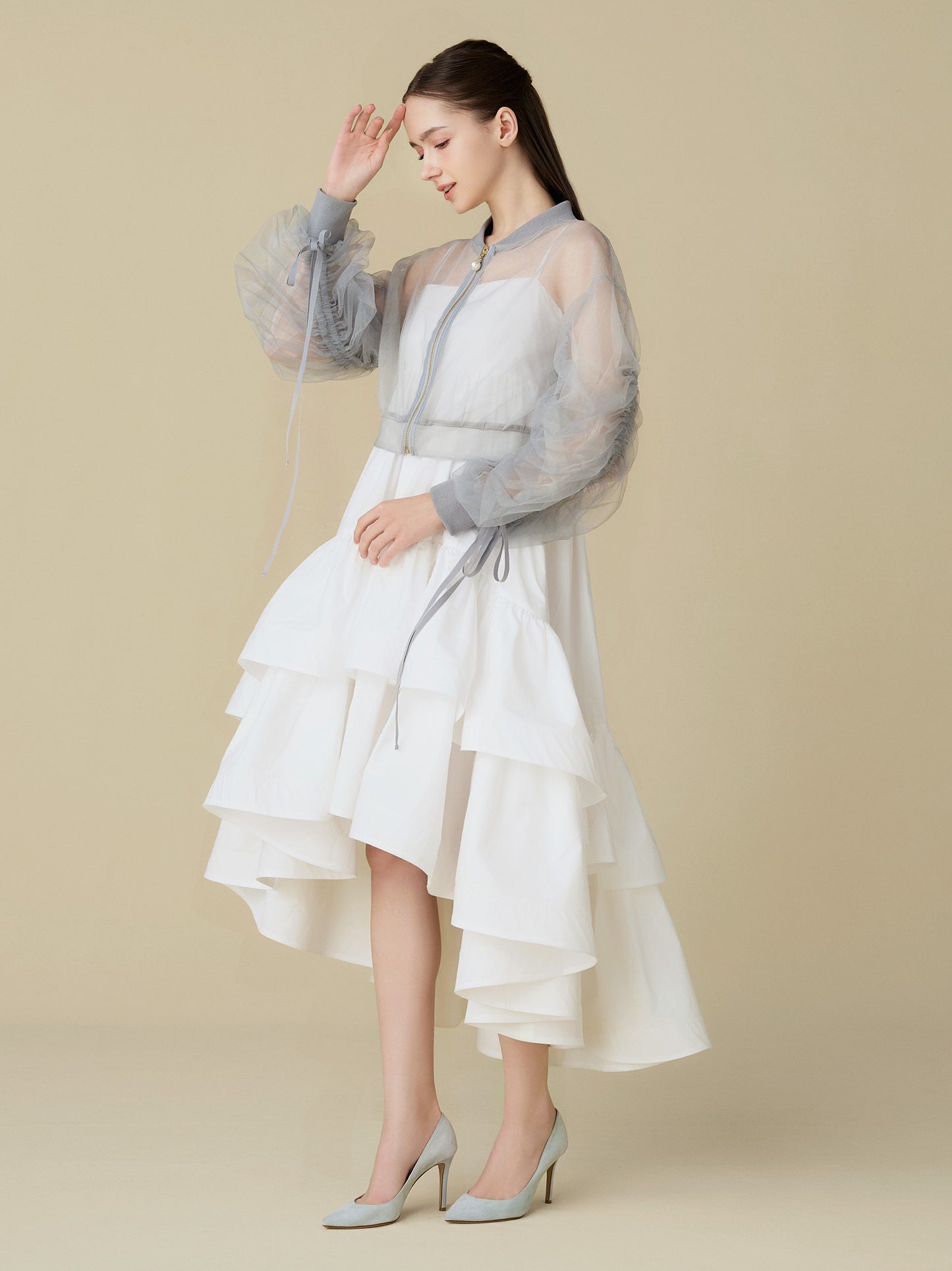 Sheer Tulle Drawstring Sleeve Blouson