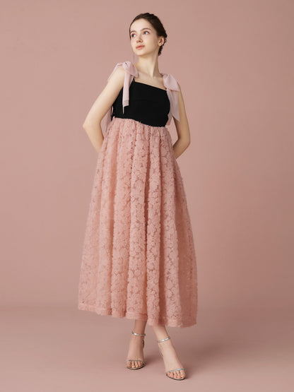 Contrast Lace Ribbon Strap Dress