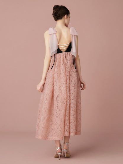 Contrast Lace Ribbon Strap Dress