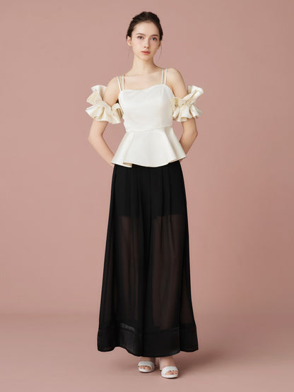 Satin Peplum Top & Sheer Wide Pants Set