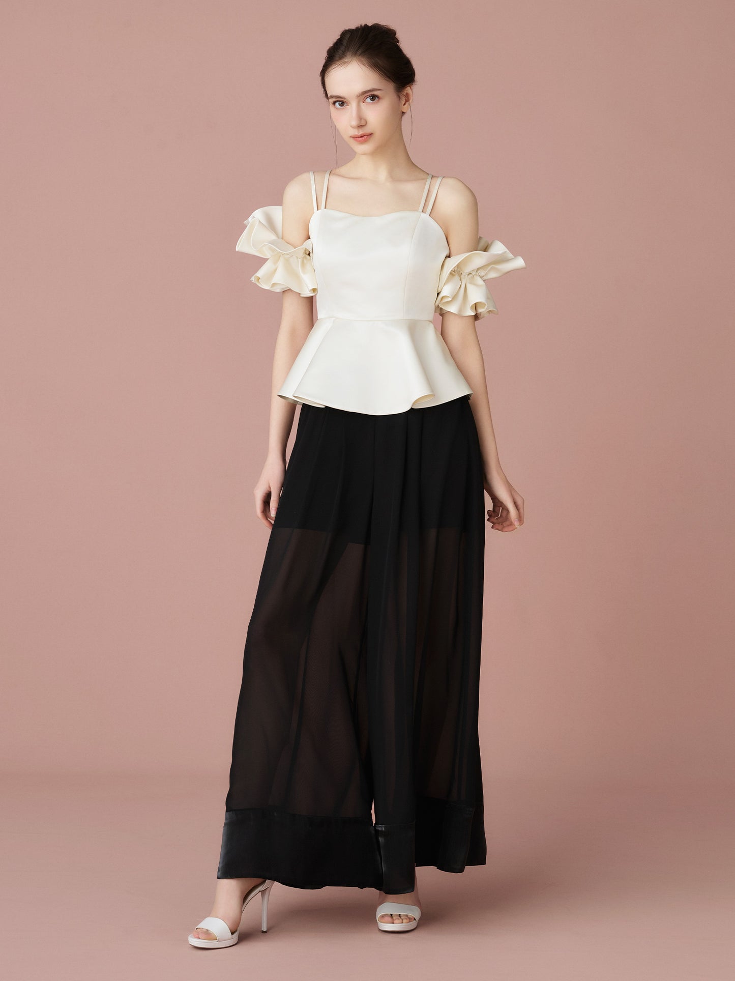 Satin Peplum Top & Sheer Wide Pants Set