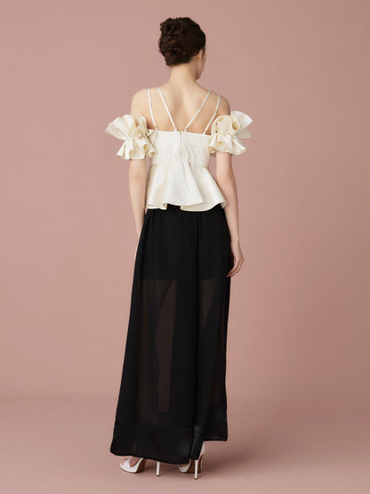 Satin Peplum Top & Sheer Wide Pants Set