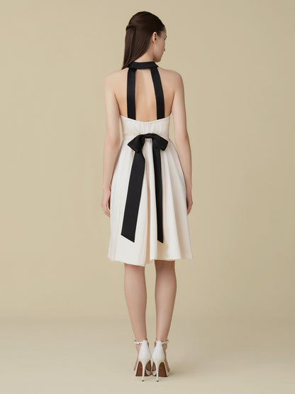 Satin Halter Ribbon Flare Dress